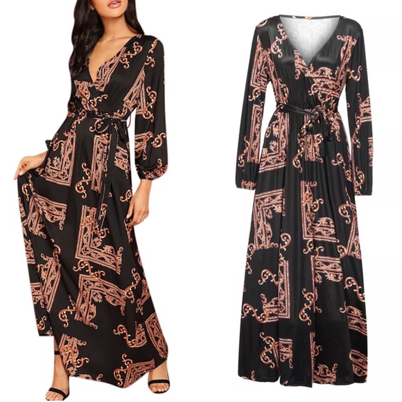 🌺 DRESS PAISLEY DESIGNER BAROQUE LONG SLEEVE MAXI BLACK BROWN FANCY ELEGANT - Picture 5 of 9